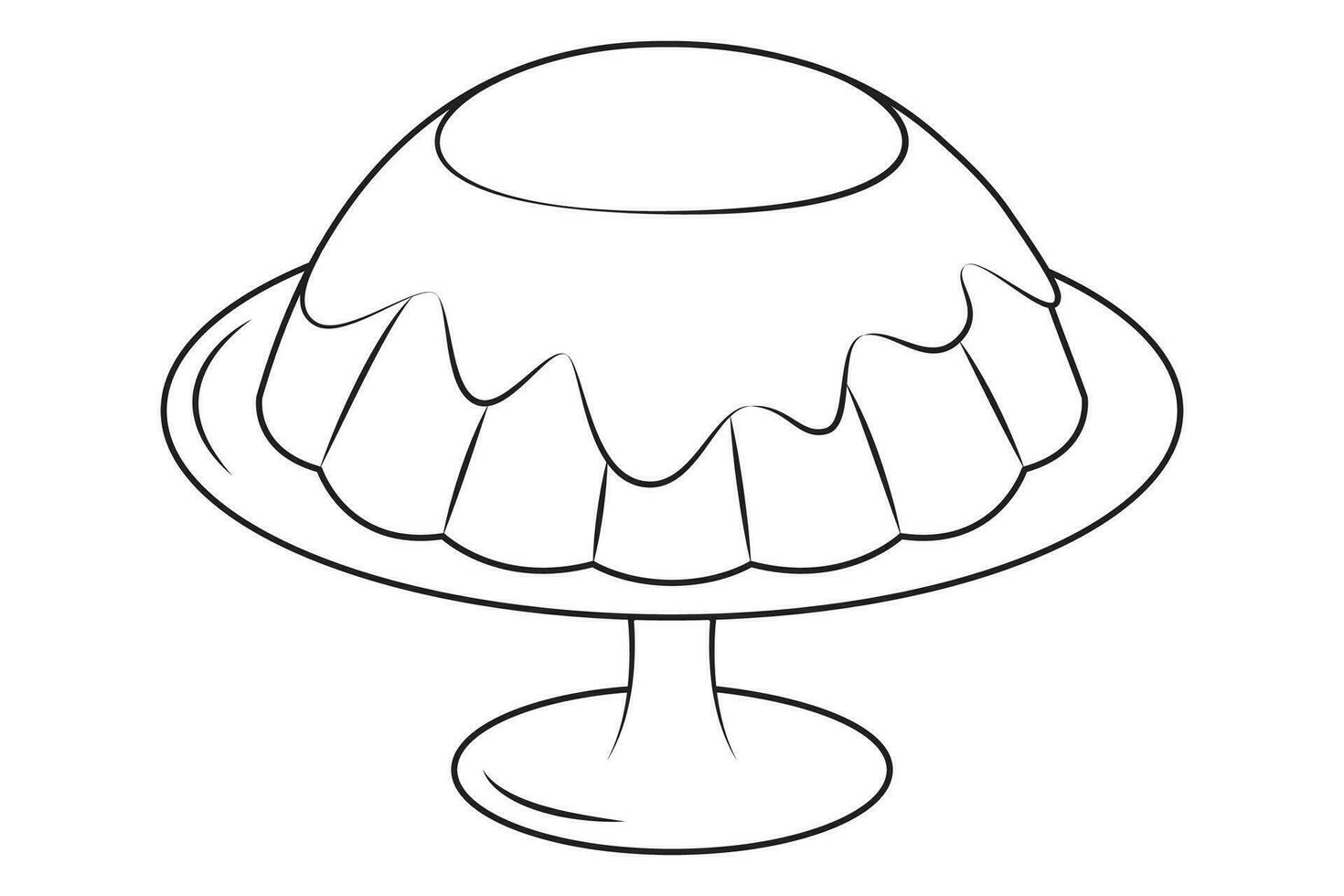 Pudding with cream in plate. Black and white. Cartoon sweet food element. vector