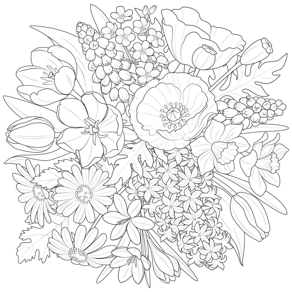Bouquet of spring flowers in black outline. Bouquet of wildflowers isolated on a white background. vector
