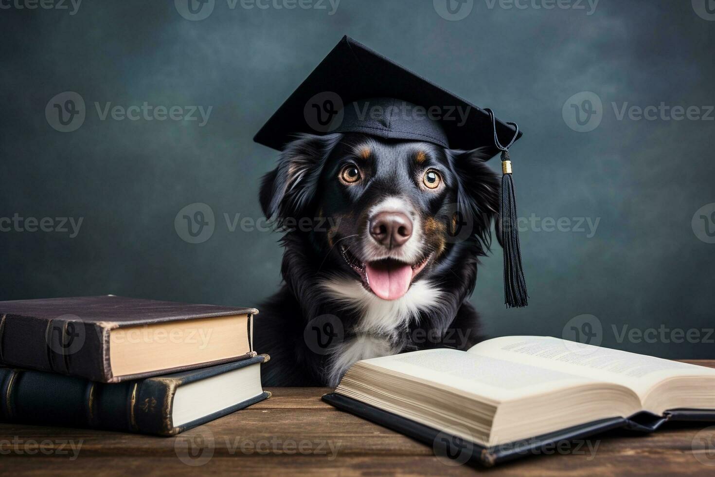 AI generated Black dog in graduate hat reading a book on dark background. AI generated. photo