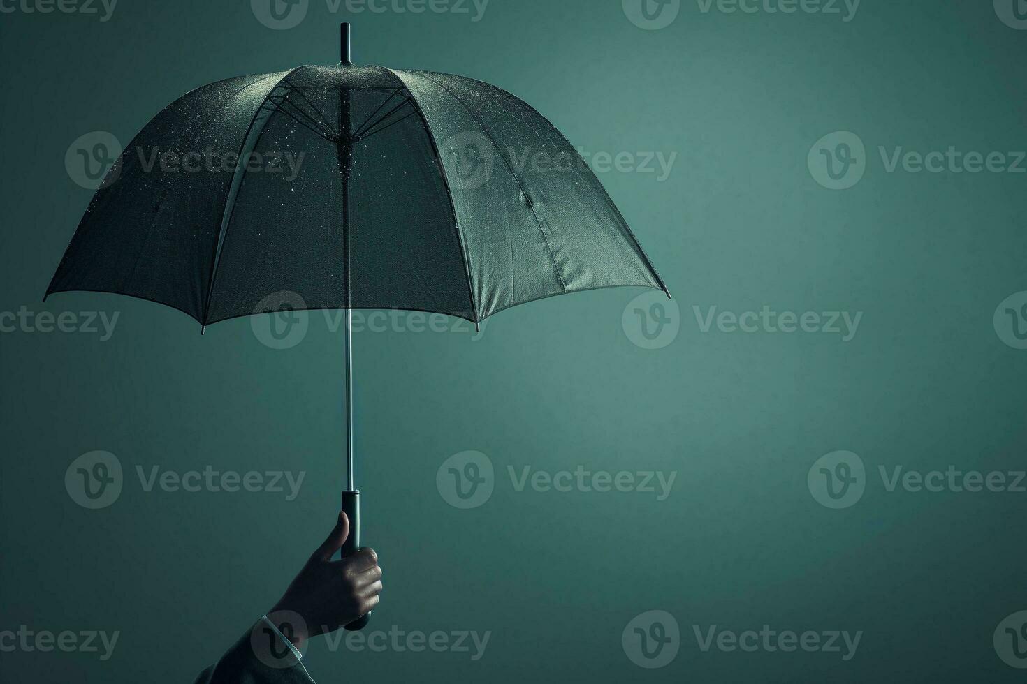 AI generated Man's hand holding an umbrella on a blue-green background with copy space. AI generated. photo