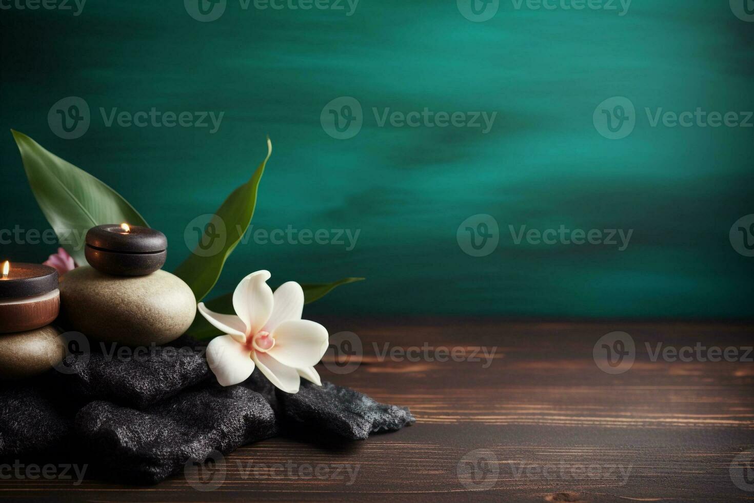 AI generated Spa background with massage stones, exotic flower, candles and copy space. AI generated. photo