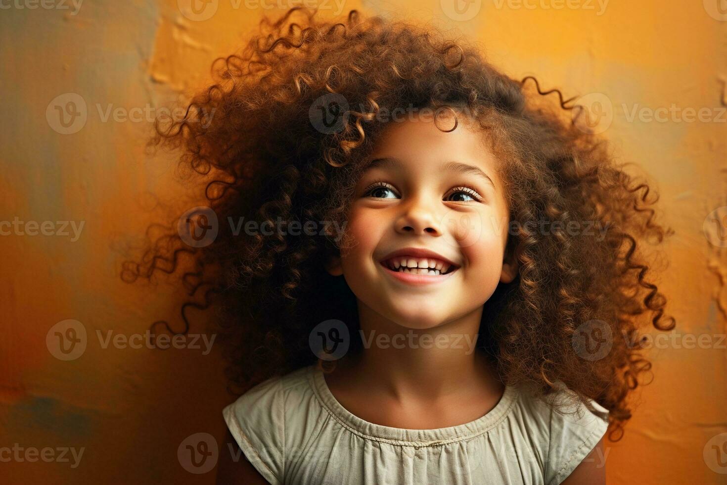 AI generated Portrait of happy smiling little girl with curly hair on orange background. AI generated. photo