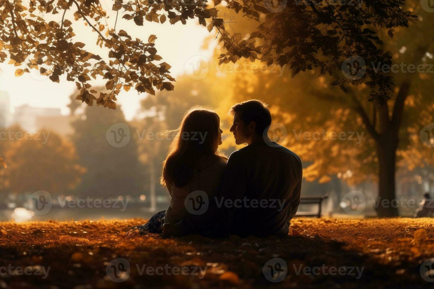 ai generado hombre y mujer en amor sentado juntos en el césped en el parque, ver desde el atrás. ai generado. foto
