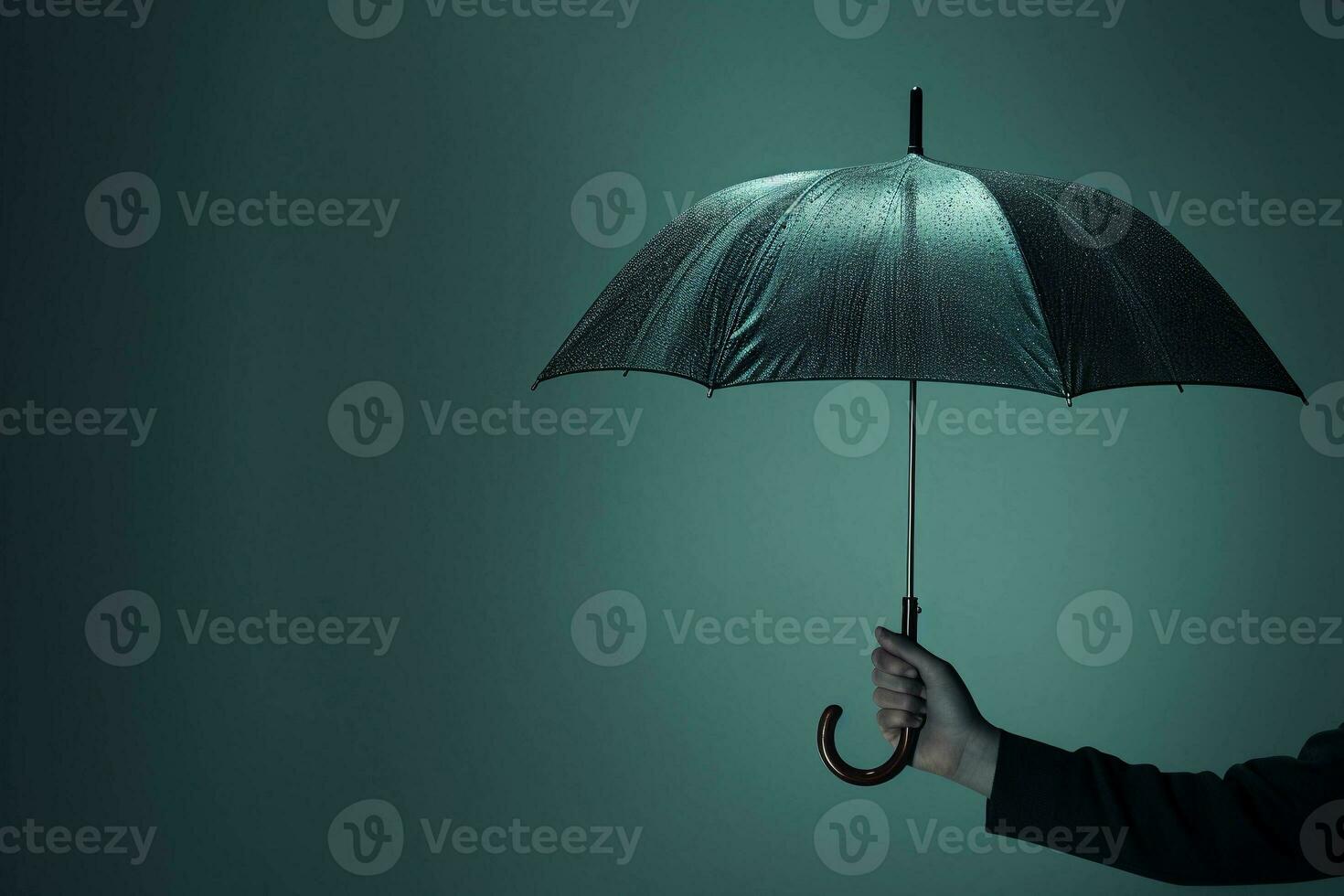 AI generated Man's hand holding wet umbrella on dark background with copy space. AI generated. photo