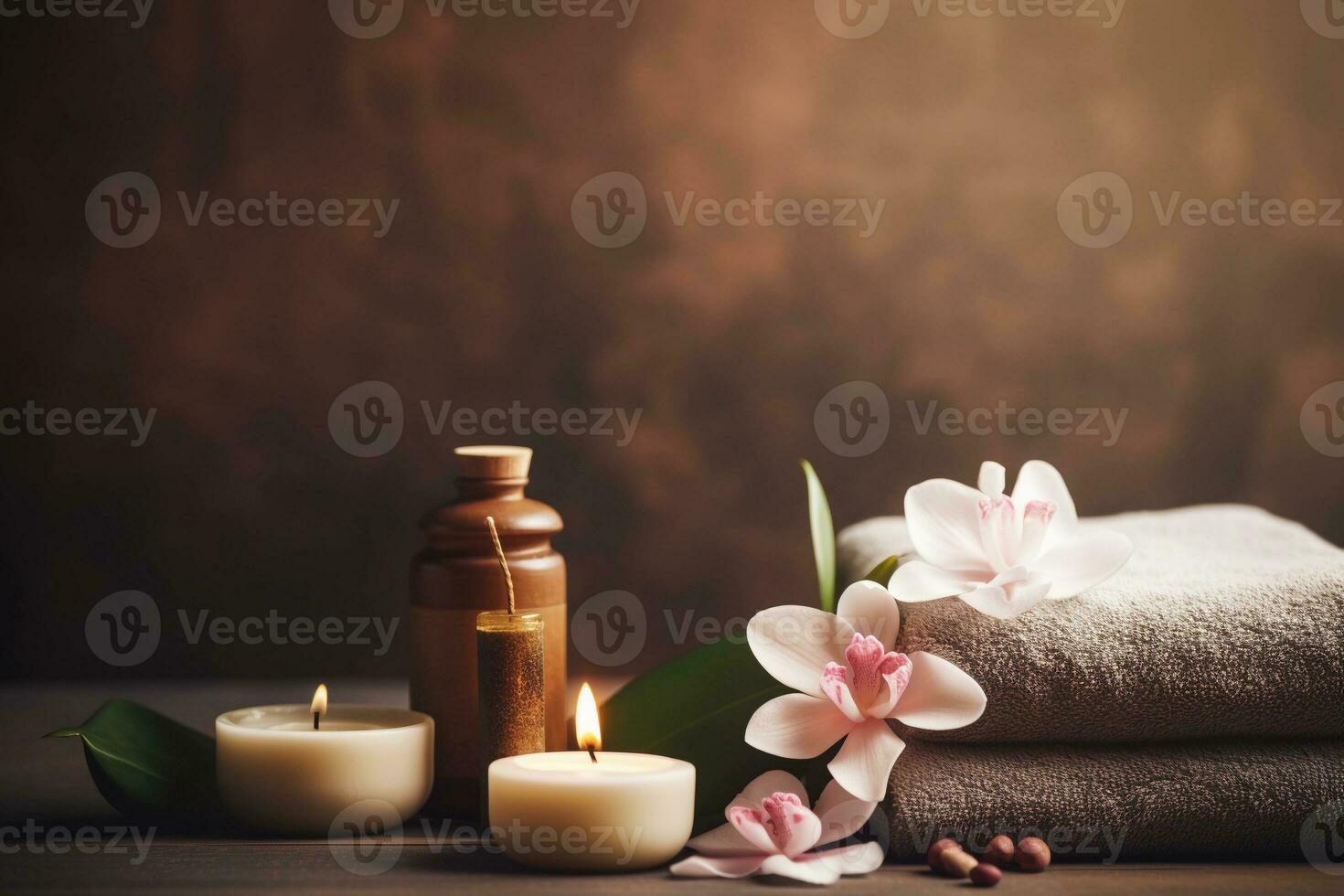 AI generated Spa brown background with towels, candles, orchid flowers and essential oils, copy space. AI generated. photo