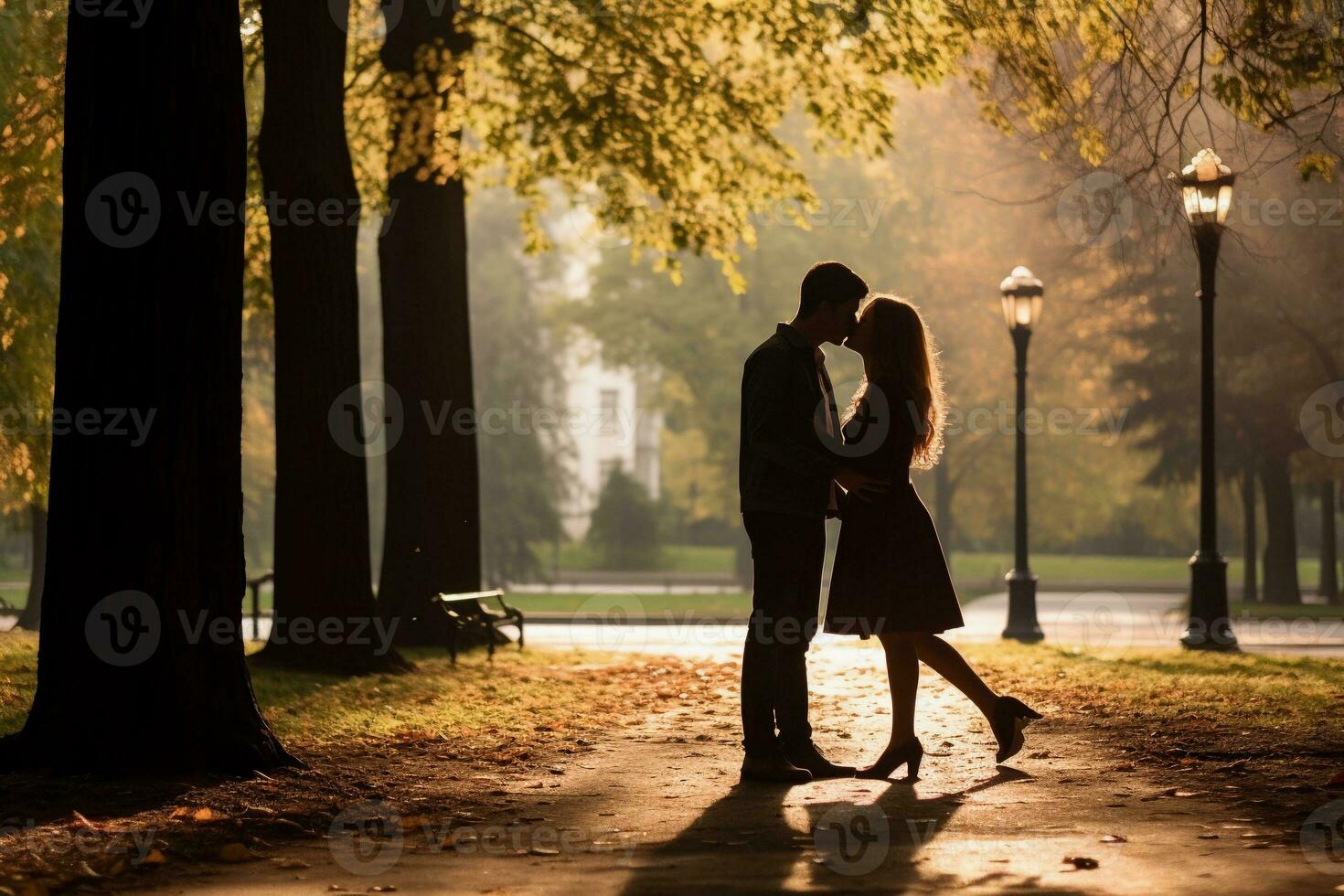 AI generated Couple in love walking in the park and kissing. AI generated. photo