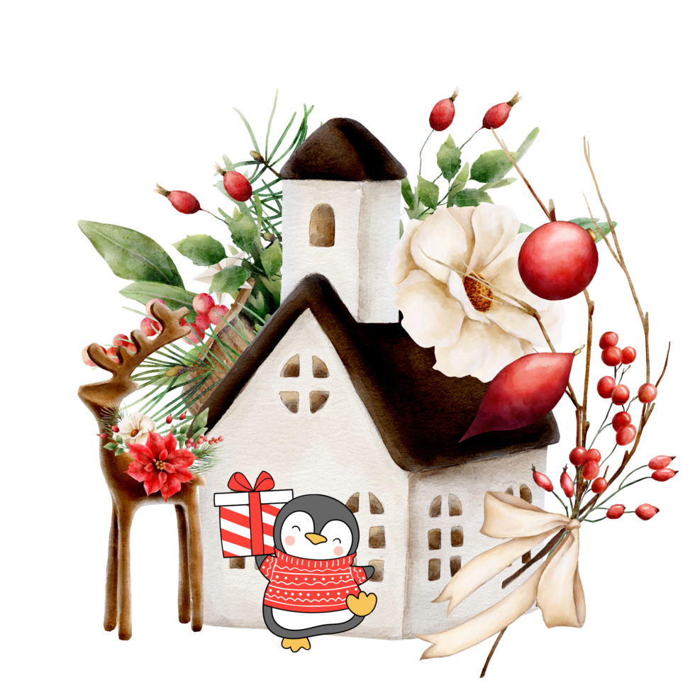 AI generated christmas house with penguin and reindeer png