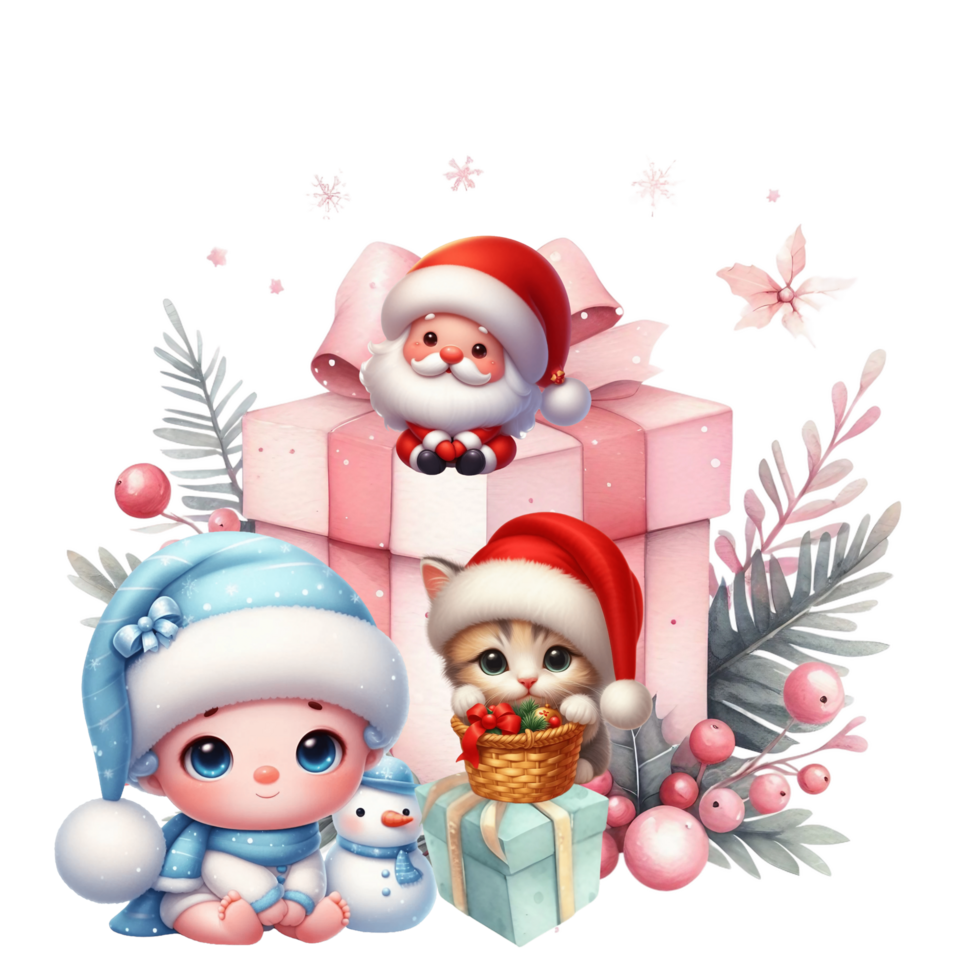 AI generated christmas cartoon santa claus and his friends with presents png