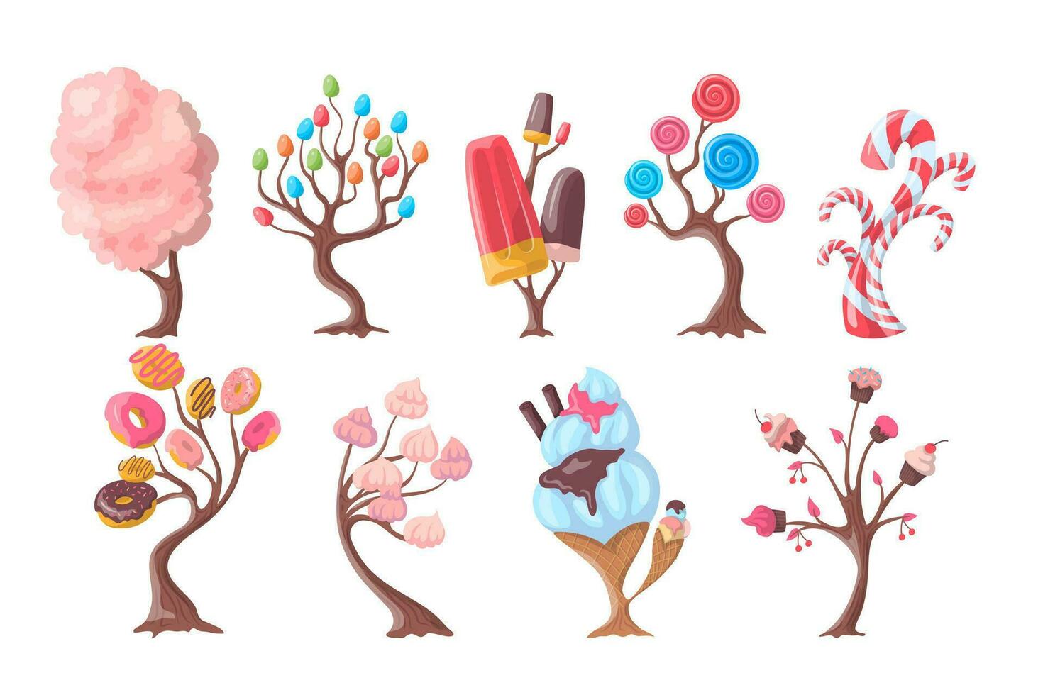 Cartoon Color Fantasy Candy Trees Set. Vector