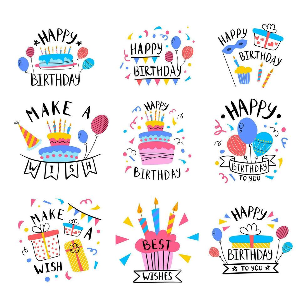 Happy Birthday Color Label Badge Sign Set Concept. Vector