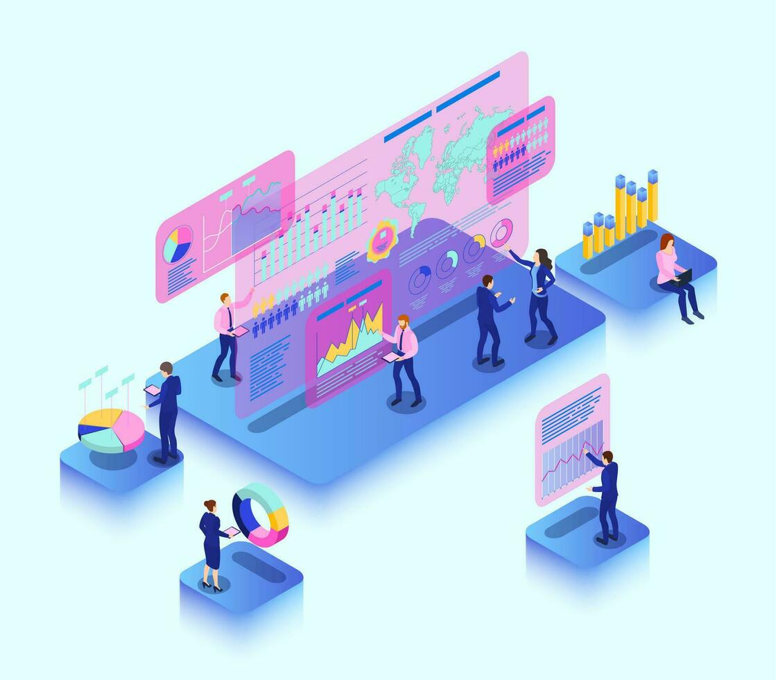 Color Characters People and Interacting Charts Analyzing Concept. Vector