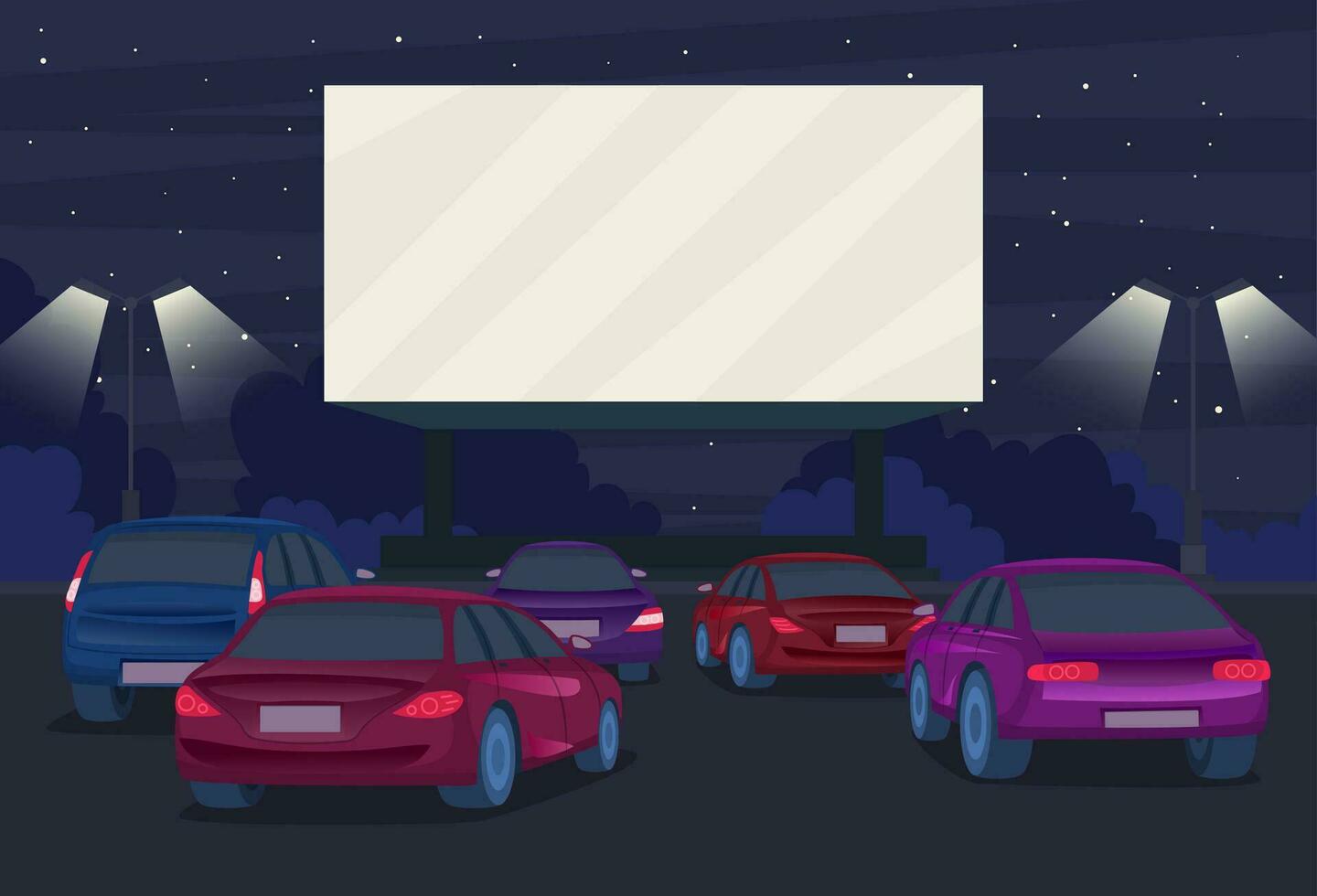 Cartoon Color Drive in Cinema on a Landscape Scene Concept. Vector