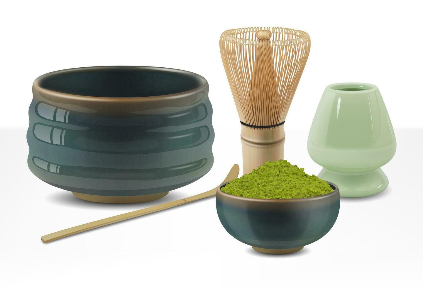 Realistic Detailed 3d Japanese Matcha Latte Set. Vector