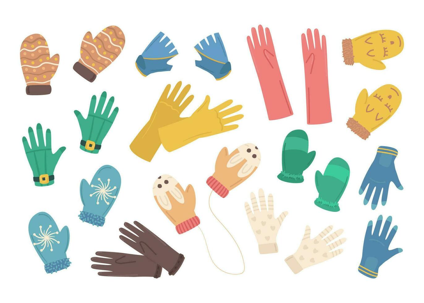 Cartoon Color Different Gloves Icons Set. Vector