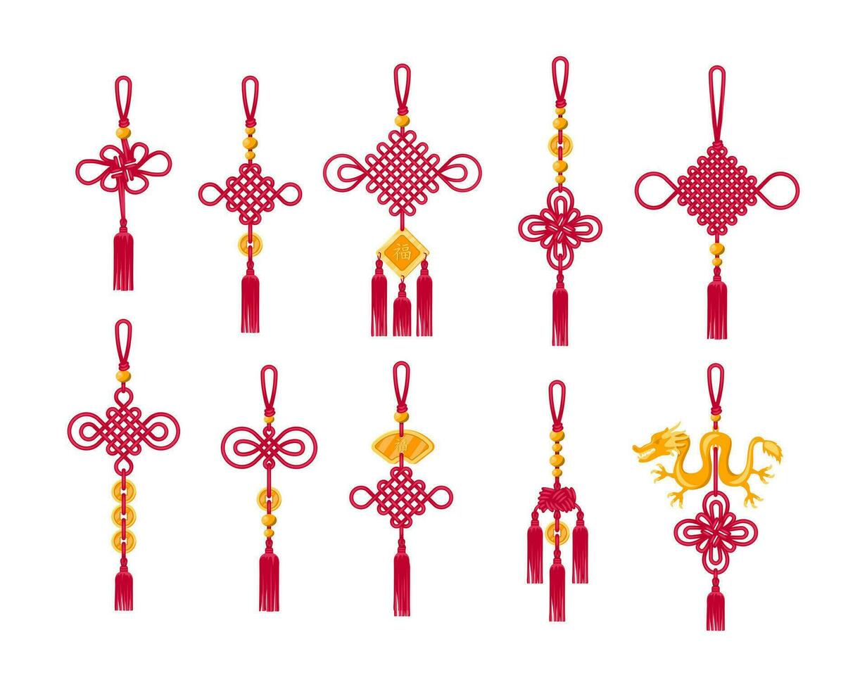 Cartoon Color Chinese Tassels Traditional Set. Vector