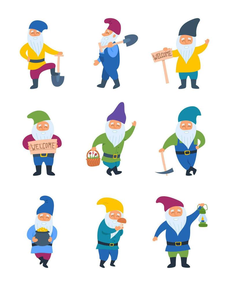 Cartoon Color Different Characters Gnome Set. Vector