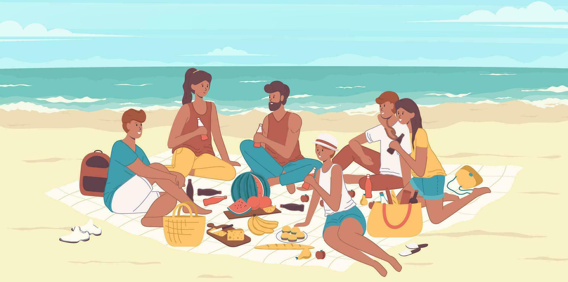 Cartoon Color Characters People Friends on a Seashore Concept. Vector