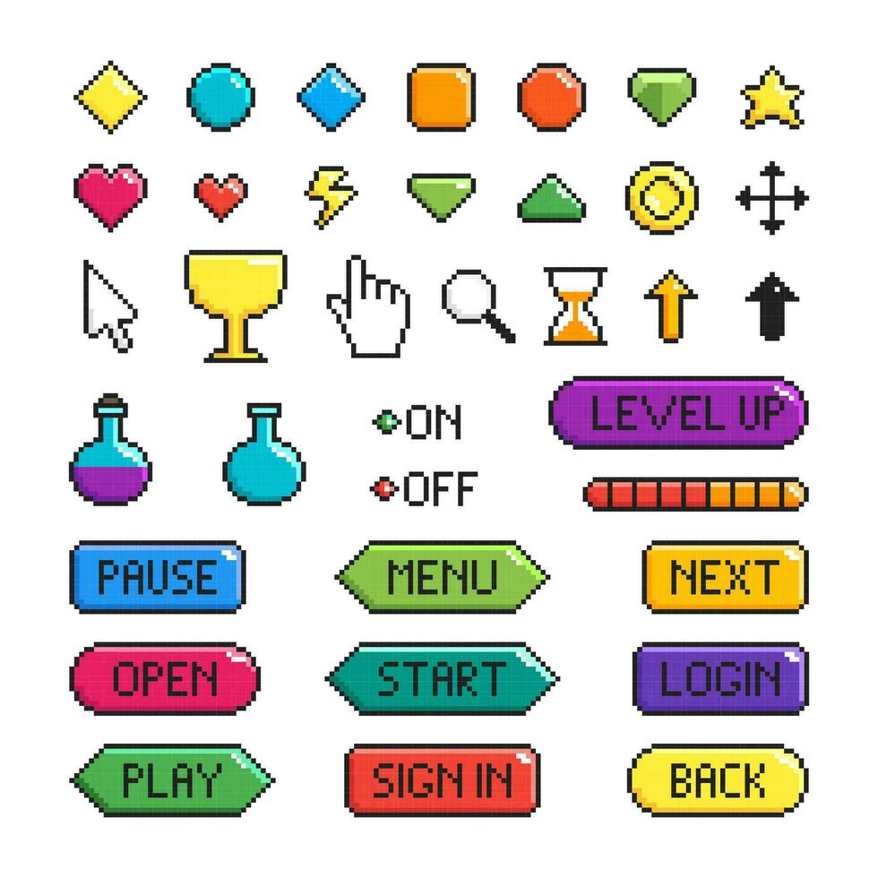 Cartoon Color Pixel Game Button Icon Set. Vector