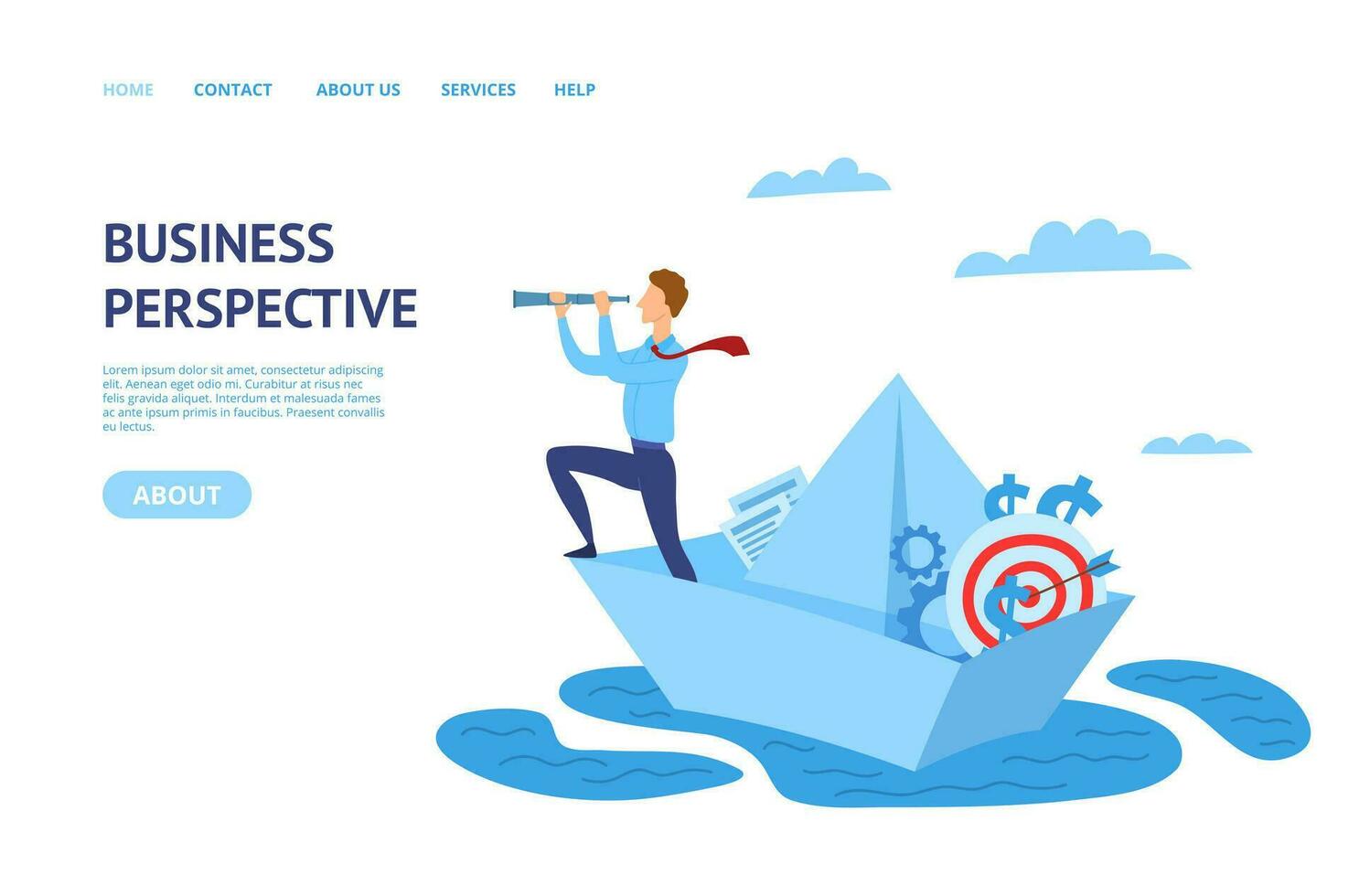 Businessman on Paper Boat Concept Card Landing Web Page Template. Vector