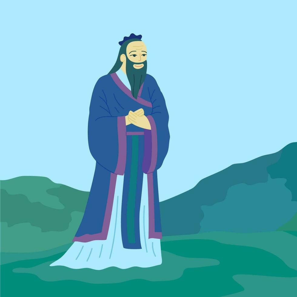 Cartoon Color Character Man Confucius East Asian Philosopher. Vector