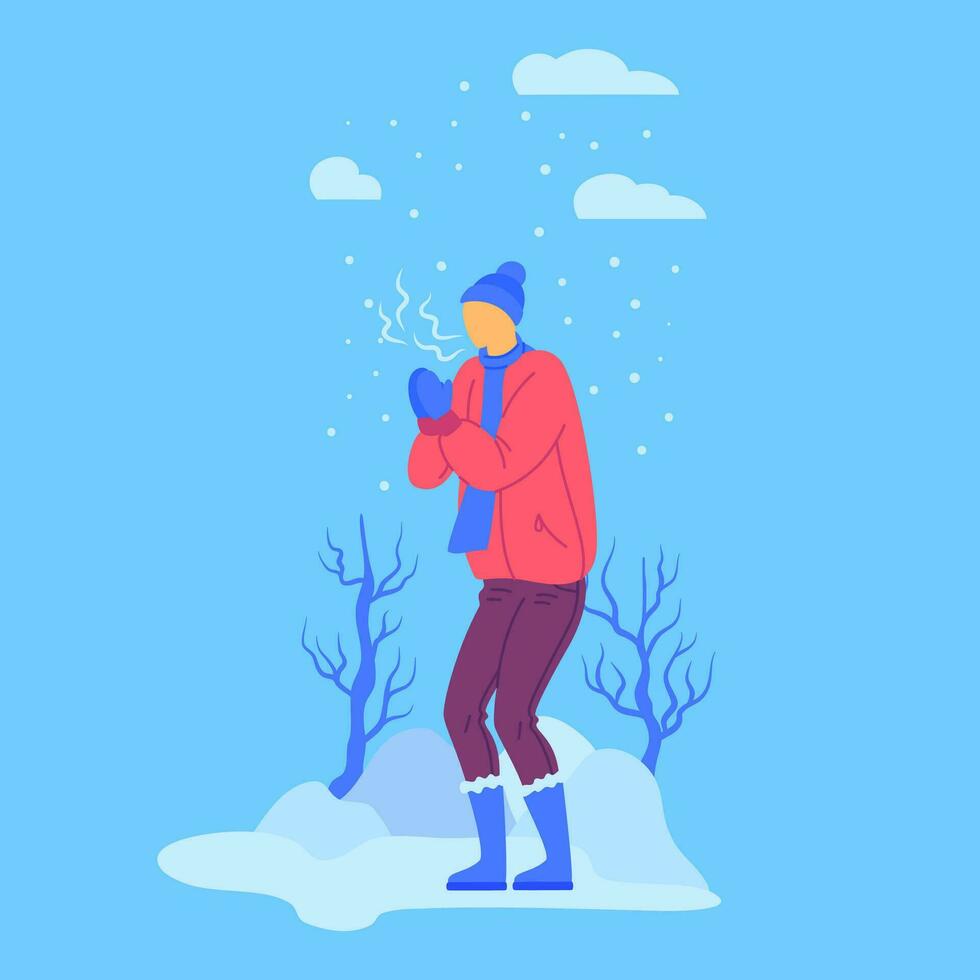 Cartoon Character Man and Cold Weather Concept. Vector
