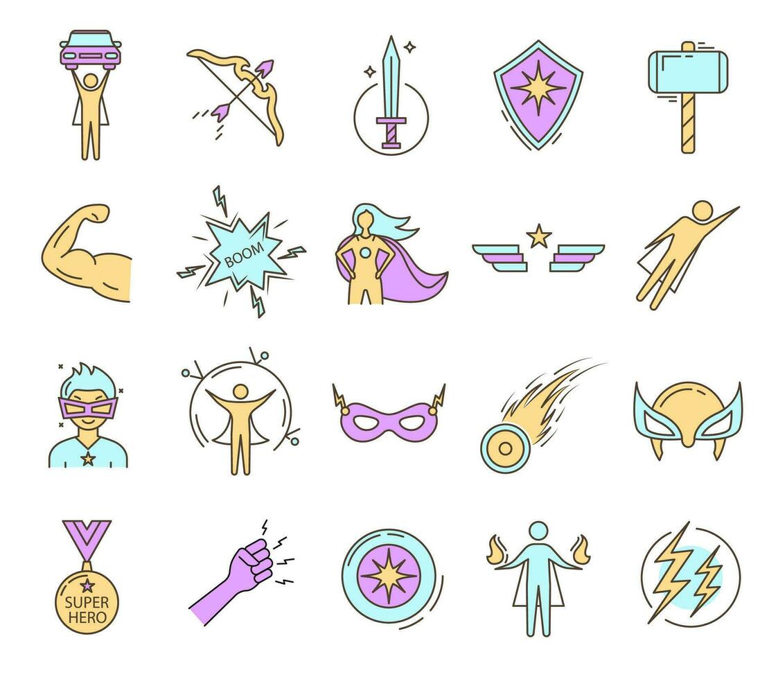 Super Hero Sign Color Thin Line Icons Set. Vector
