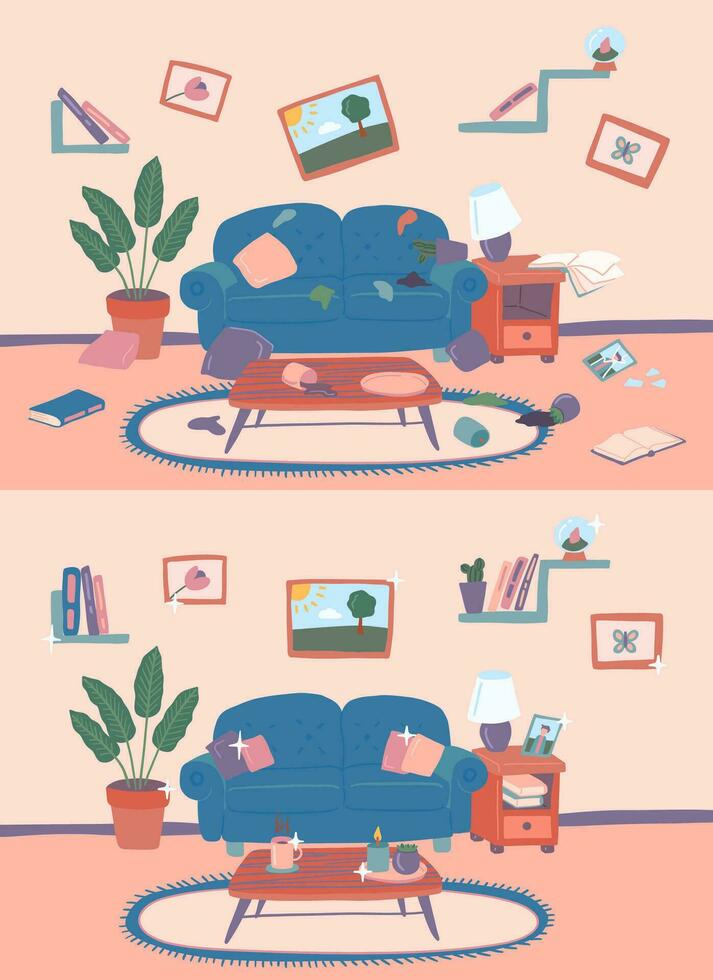 dibujos animados color habitación antes de y después limpieza interior concepto. vector