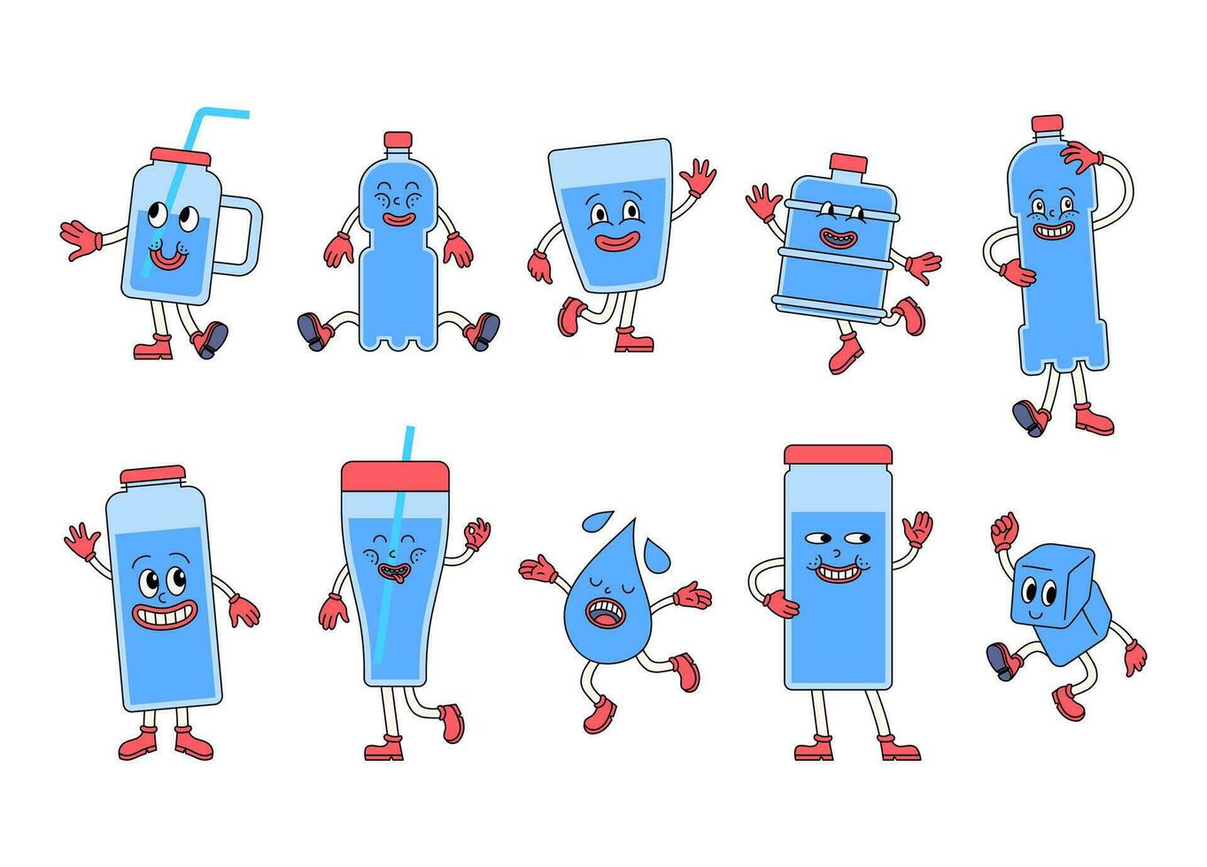 Cartoon Color Water Drink Mascot Set. Vector