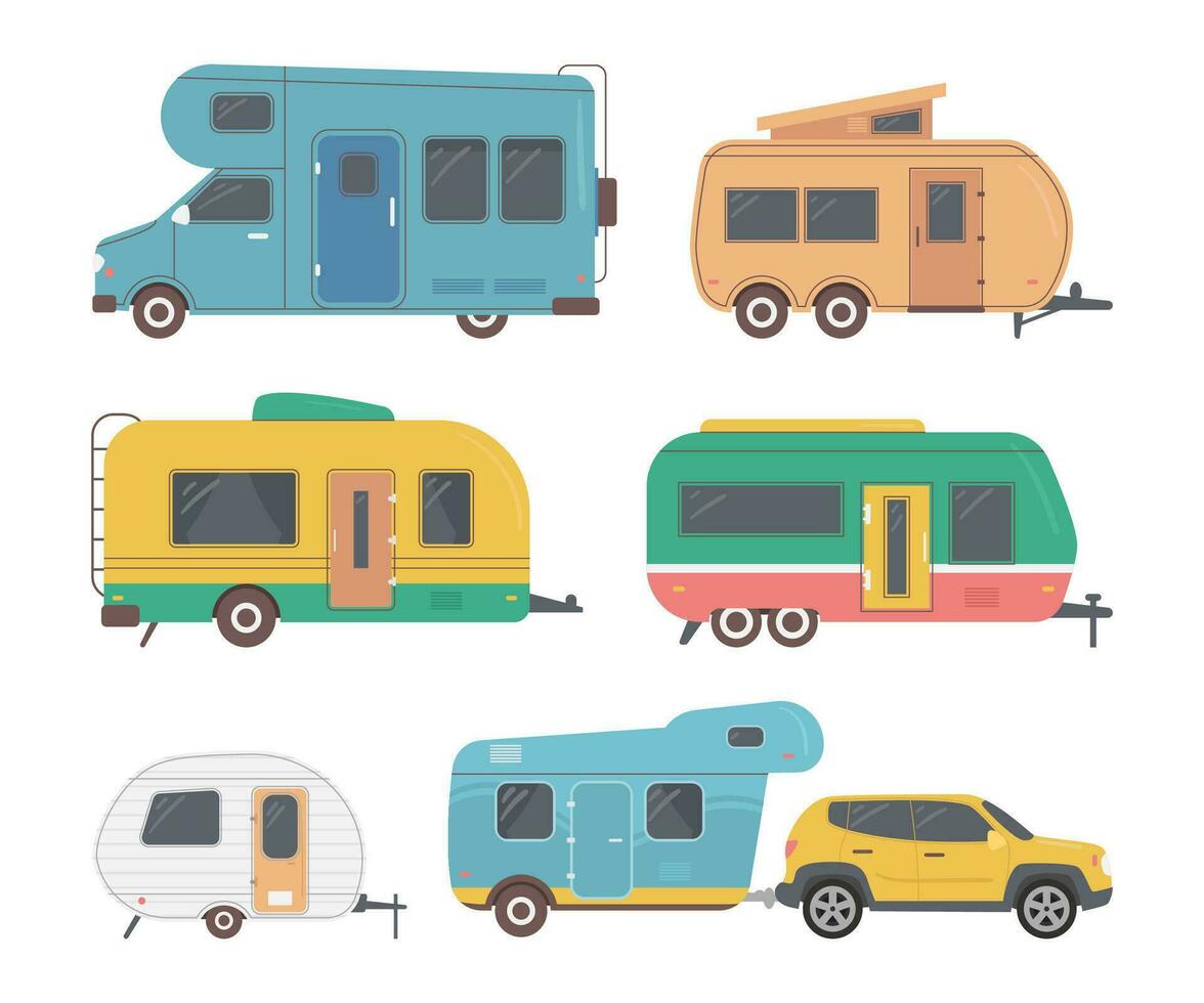 Cartoon Color Camping Trucks Icons Set. Vector