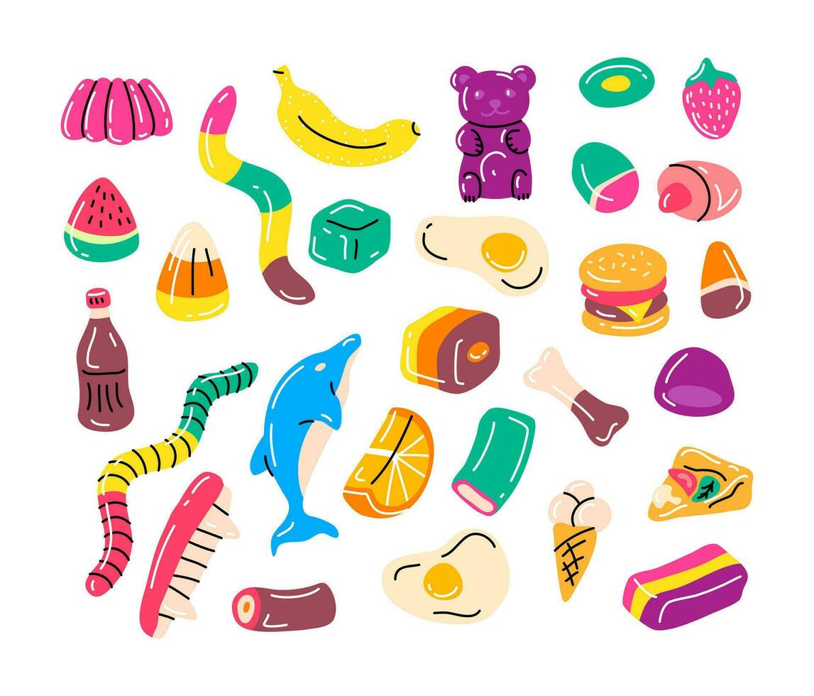 Cartoon Color Gummy Candies, Jelly Sweets Set. Vector