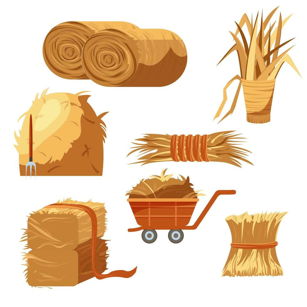 Cartoon Color Different Hay Bales Icon Set. Vector