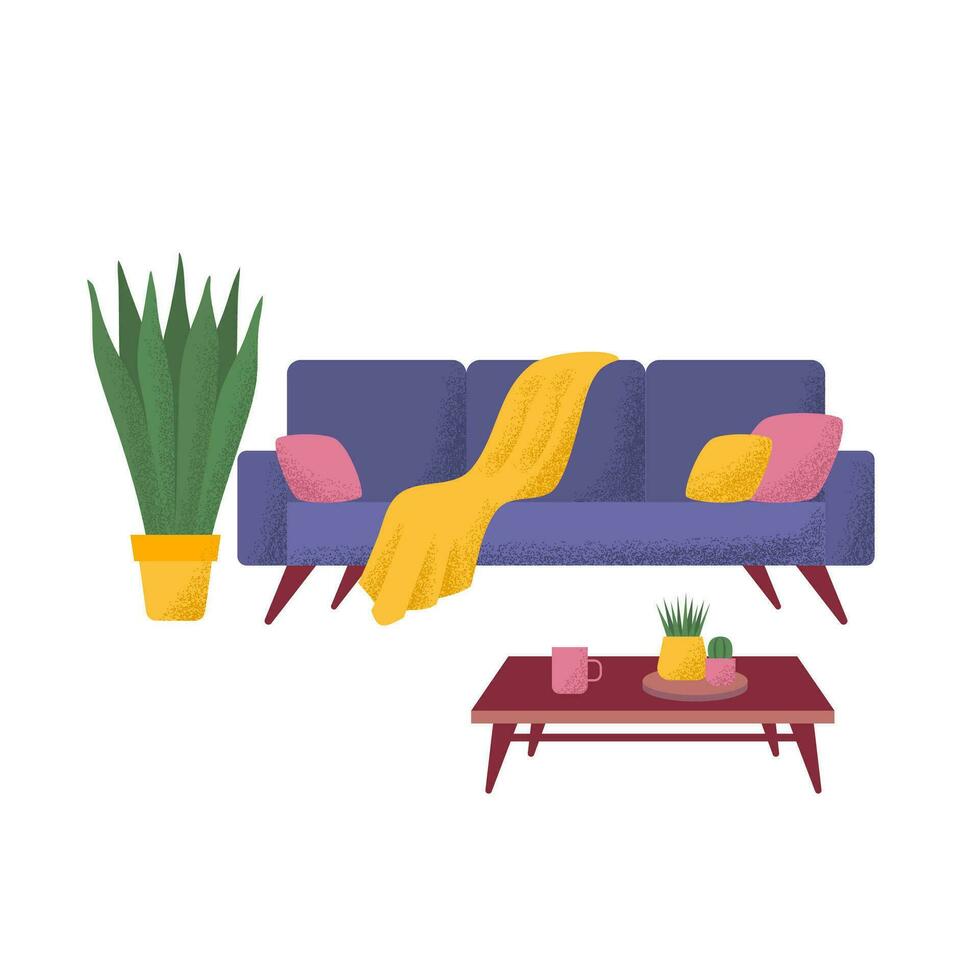 Cartoon Color Sofa, Table and Houseplant Potted Set Concept. Vector