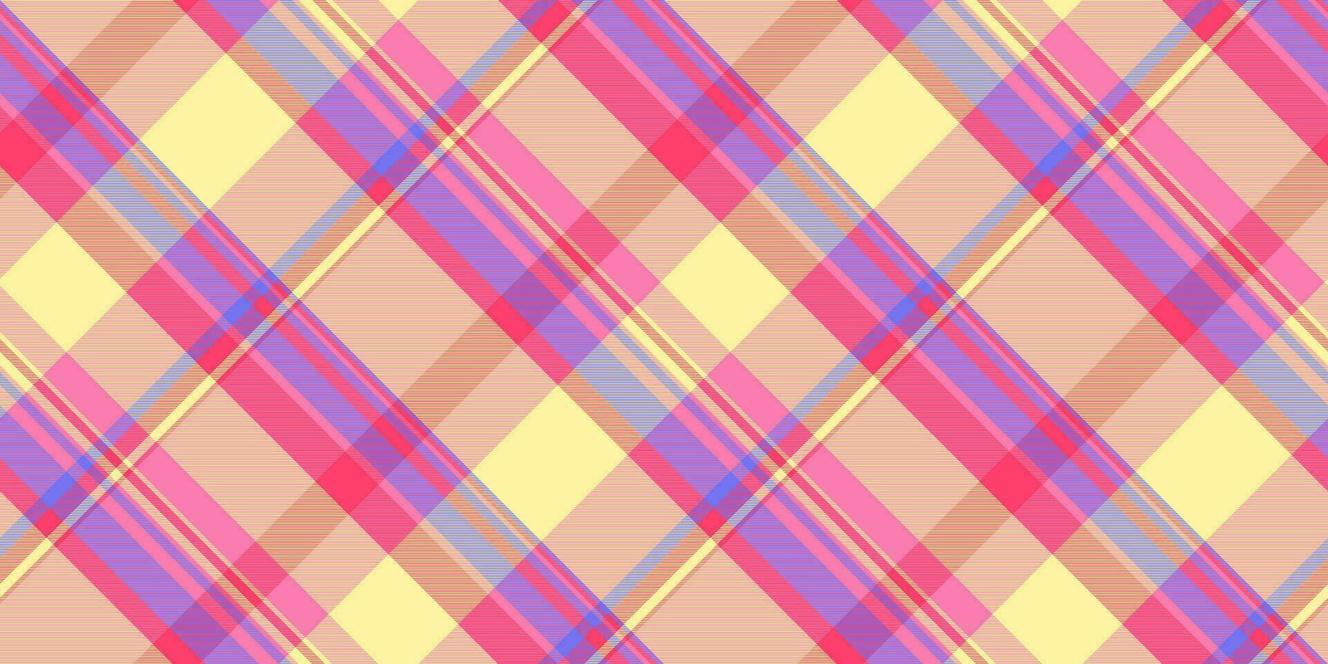 Poster tartan plaid pattern, knit vector textile texture. Artistic seamless fabric check background in pink and yellow colors.