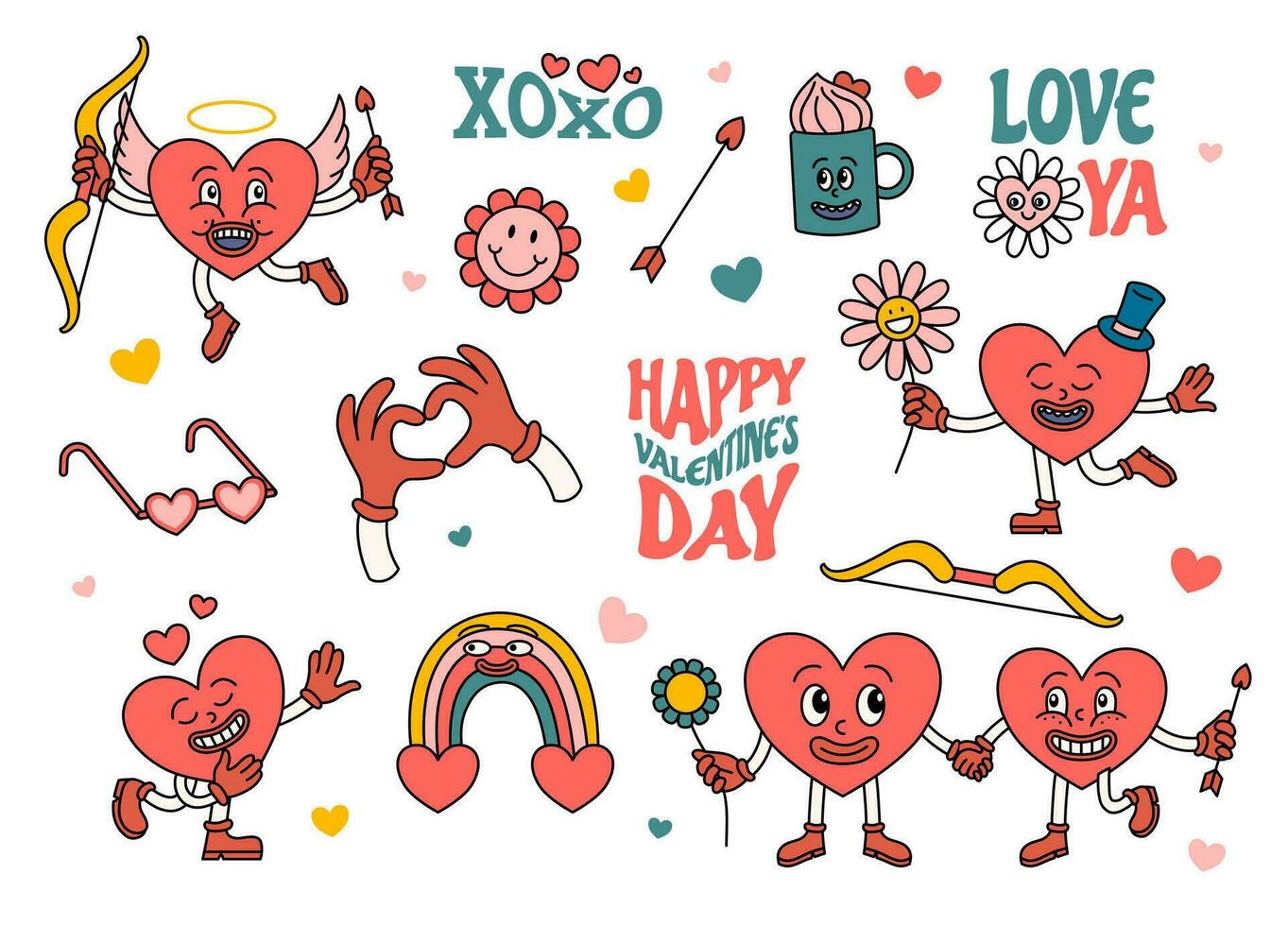 Cartoon Color Groovy Hippie Valentines Day Elements Set. Vector
