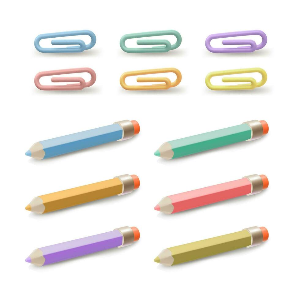 3d Different Color Pencil and Paper Clip Set Cartoon Style. Vector