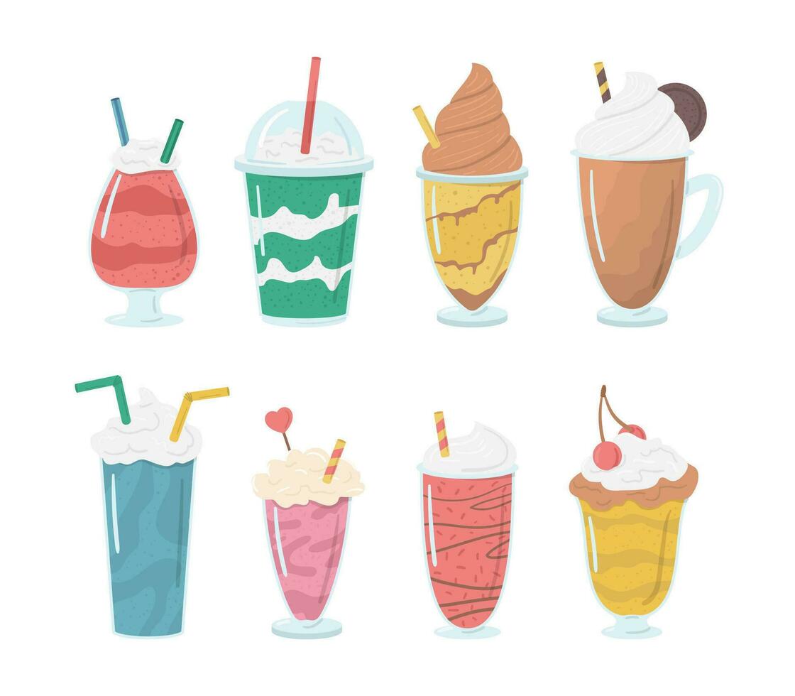 Cartoon Color Different Fruit Milkshake Icon Set. Vector