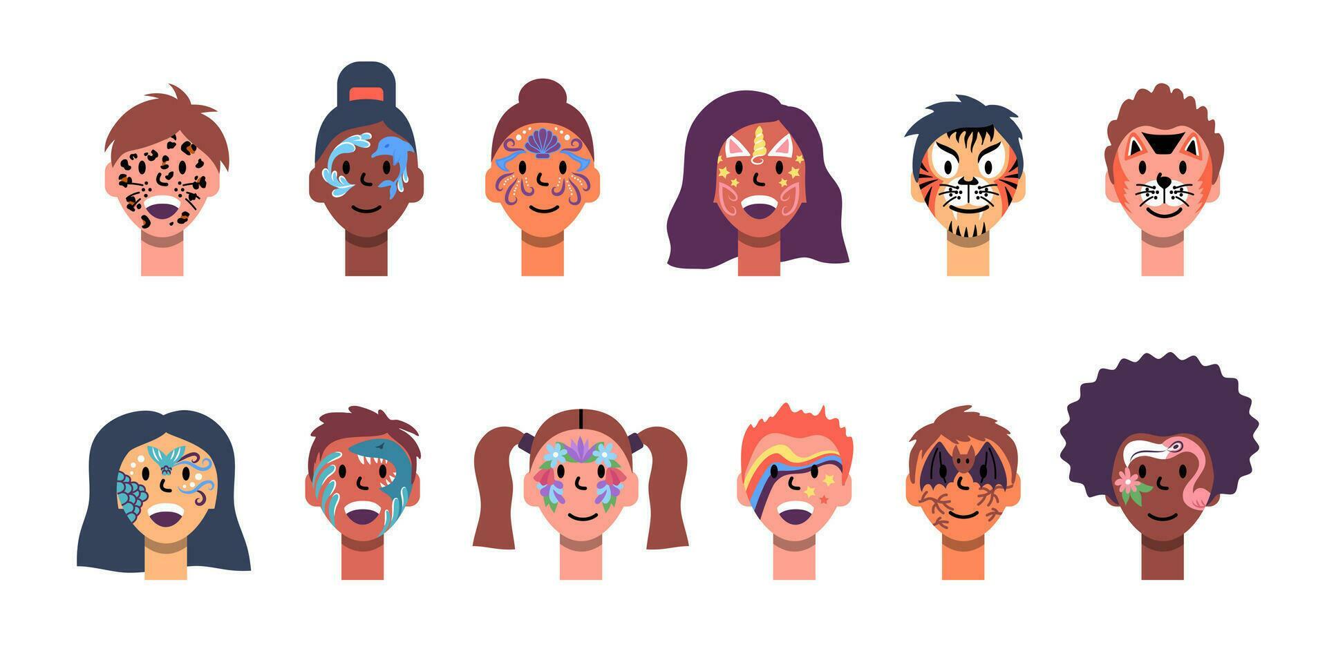 Cartoon Color Characters People Kids Faces and Face Painting Concept ...
