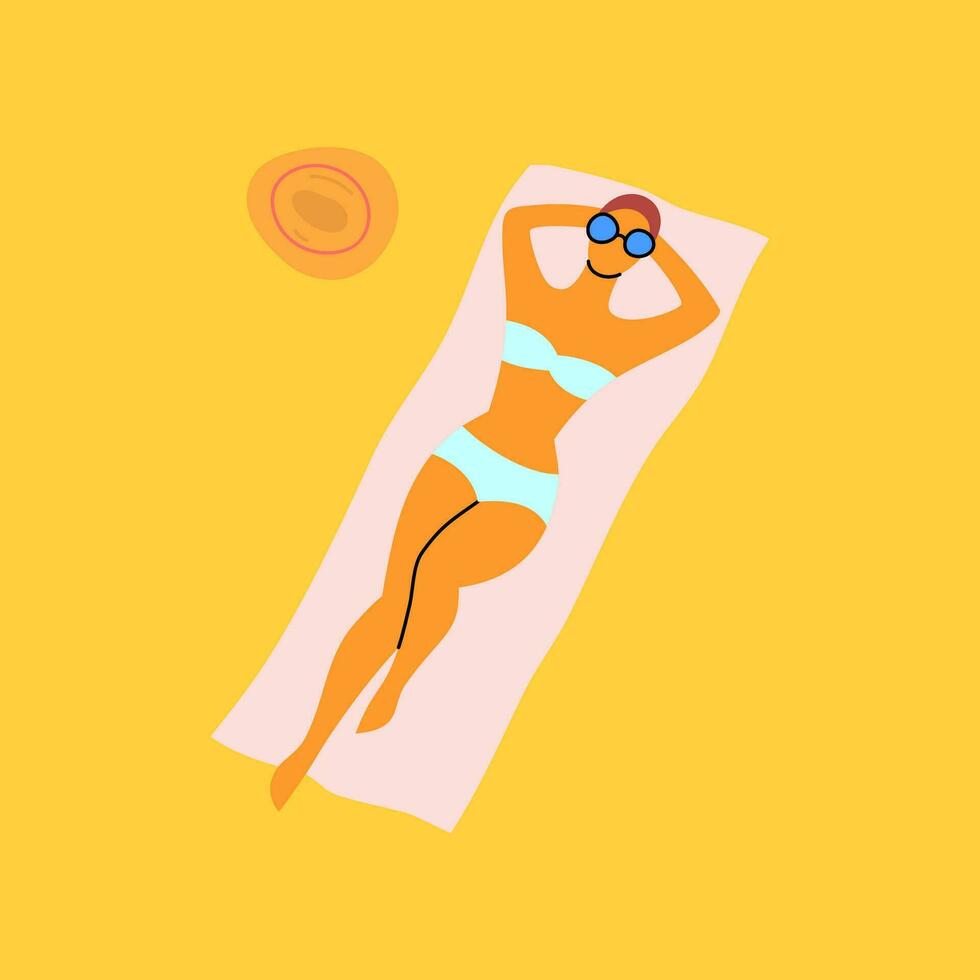 Cartoon Color Character Woman Sunbathing Concept. Vector