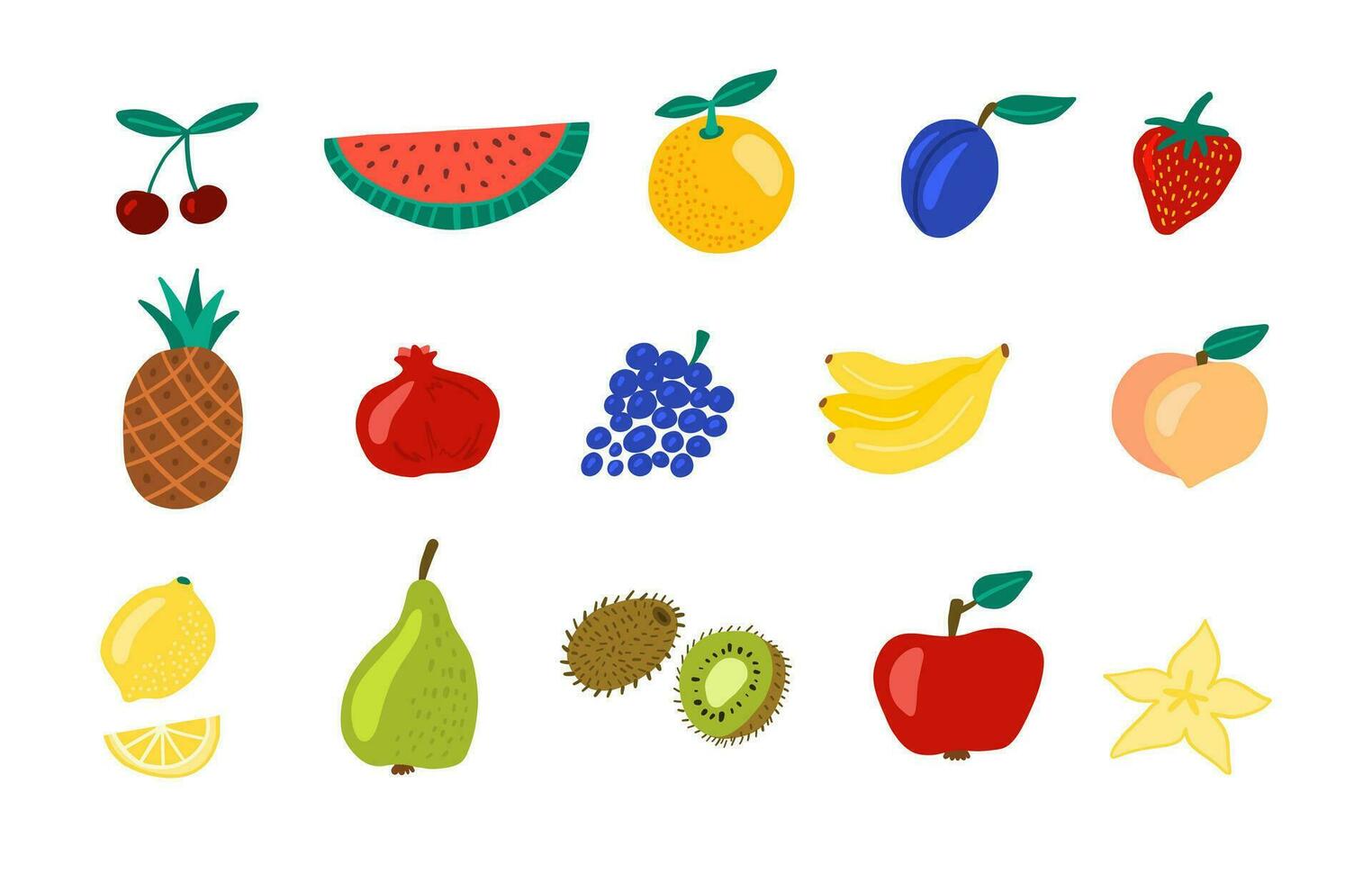 Cartoon Color Different Fruits Icon Set. Vector