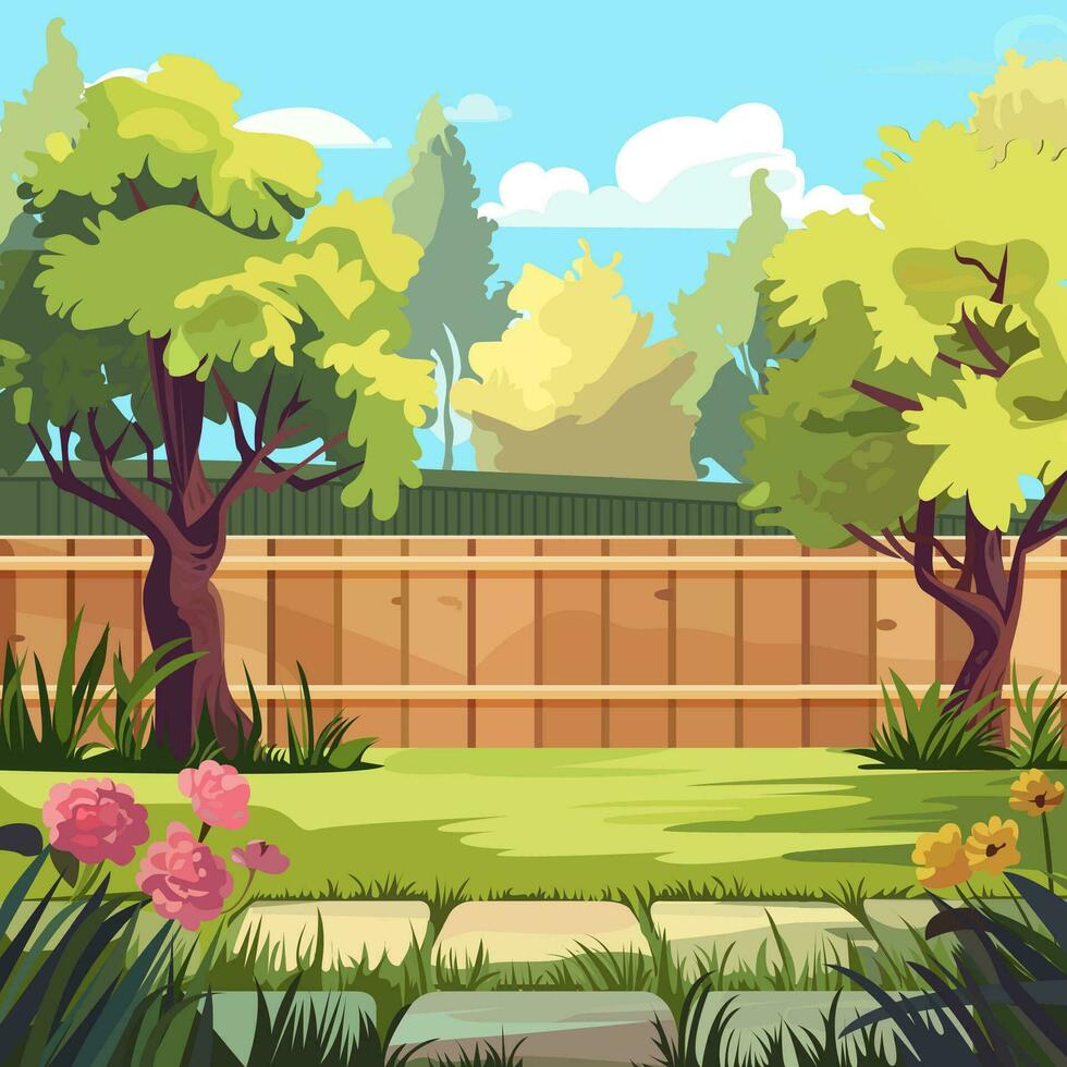 Cartoon Color Garden Backyard and Wooden Fence Landscape Scene Concept. Vector