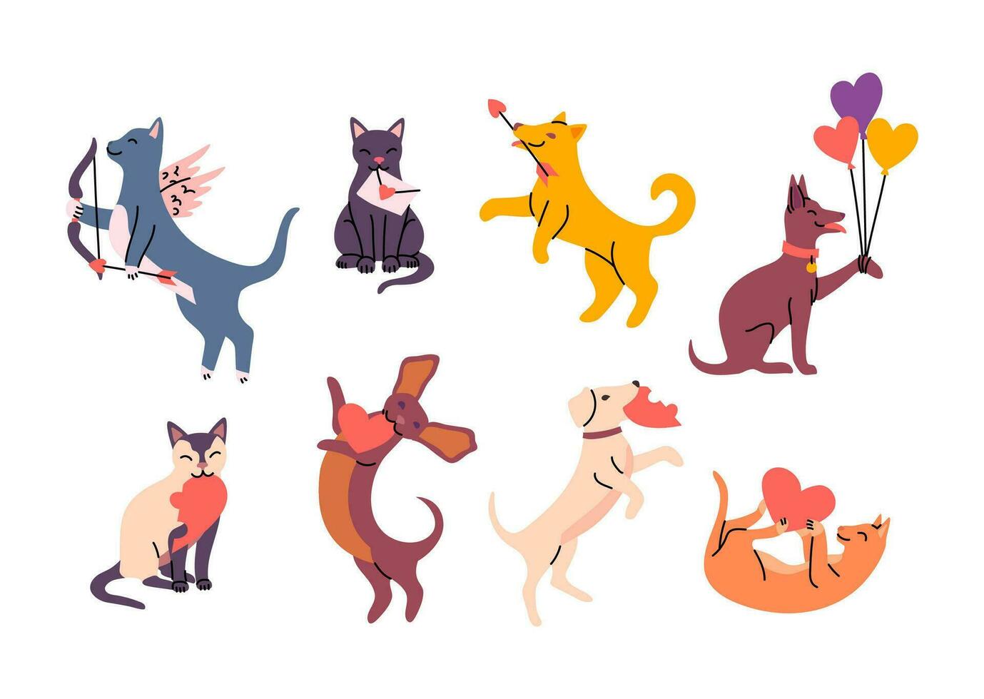 Cartoon Color Valentine Cats and Dogs Set. Vector
