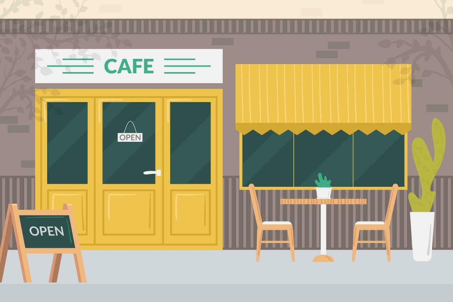 Cartoon Color Facade of Open Street Cafe Building Concept. Vector