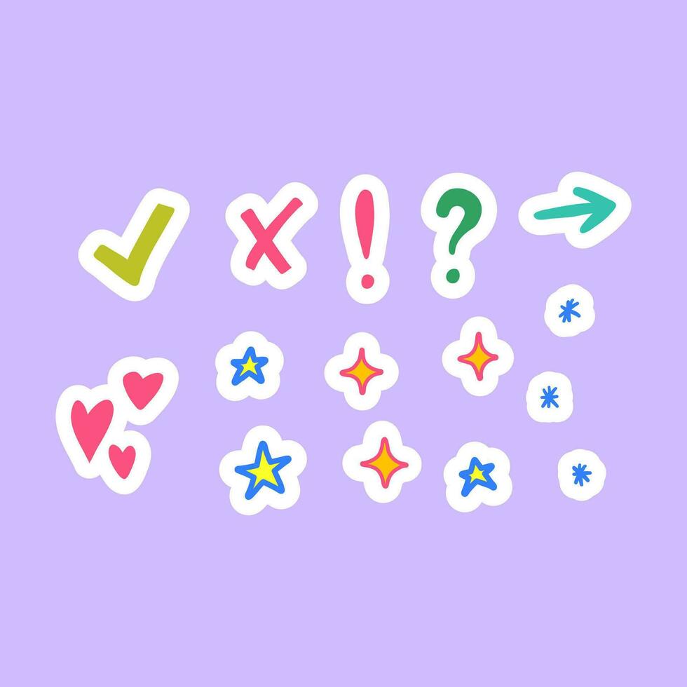 Cartoon Color Different Diary Stickers Journal Planner Set. Vector