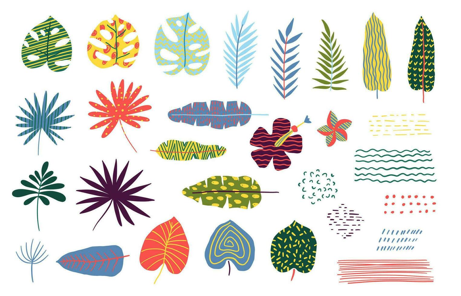 Cartoon Color Abstract Tropical Leaves Icon Set. Vector