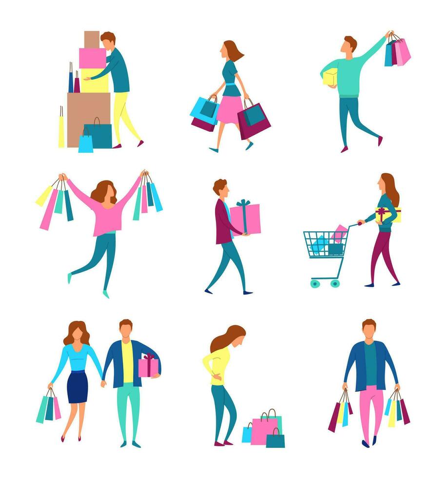 Cartoon Color Characters People Carrying Shopping Bags Concept. Vector