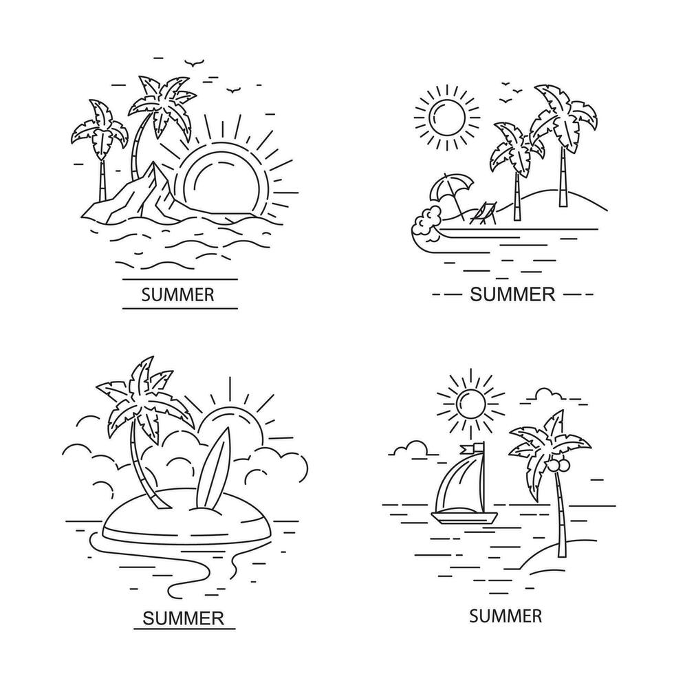 Summer Sign Concept Black Thin Line Label Badge Set. Vector