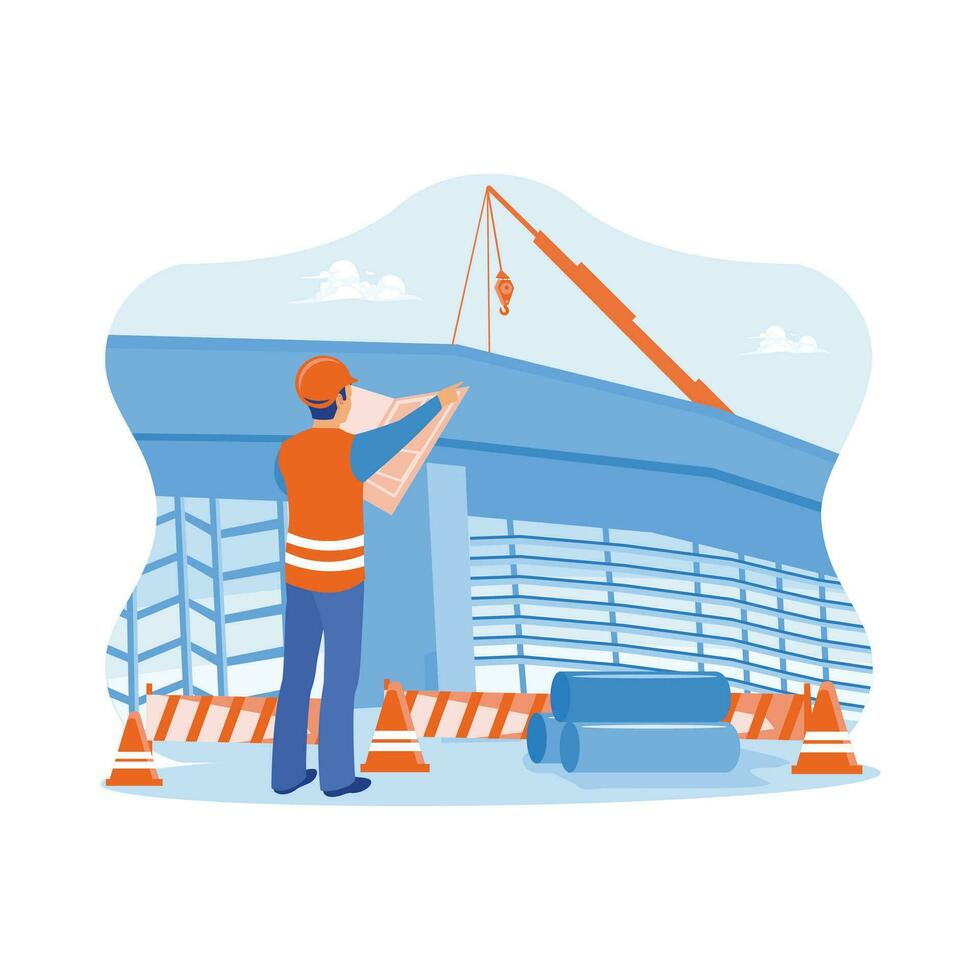 Construction engineer holding construction plans at the construction site. Checking building designs and construction plans. Construction site engineer concept. Trend Modern vector flat illustration