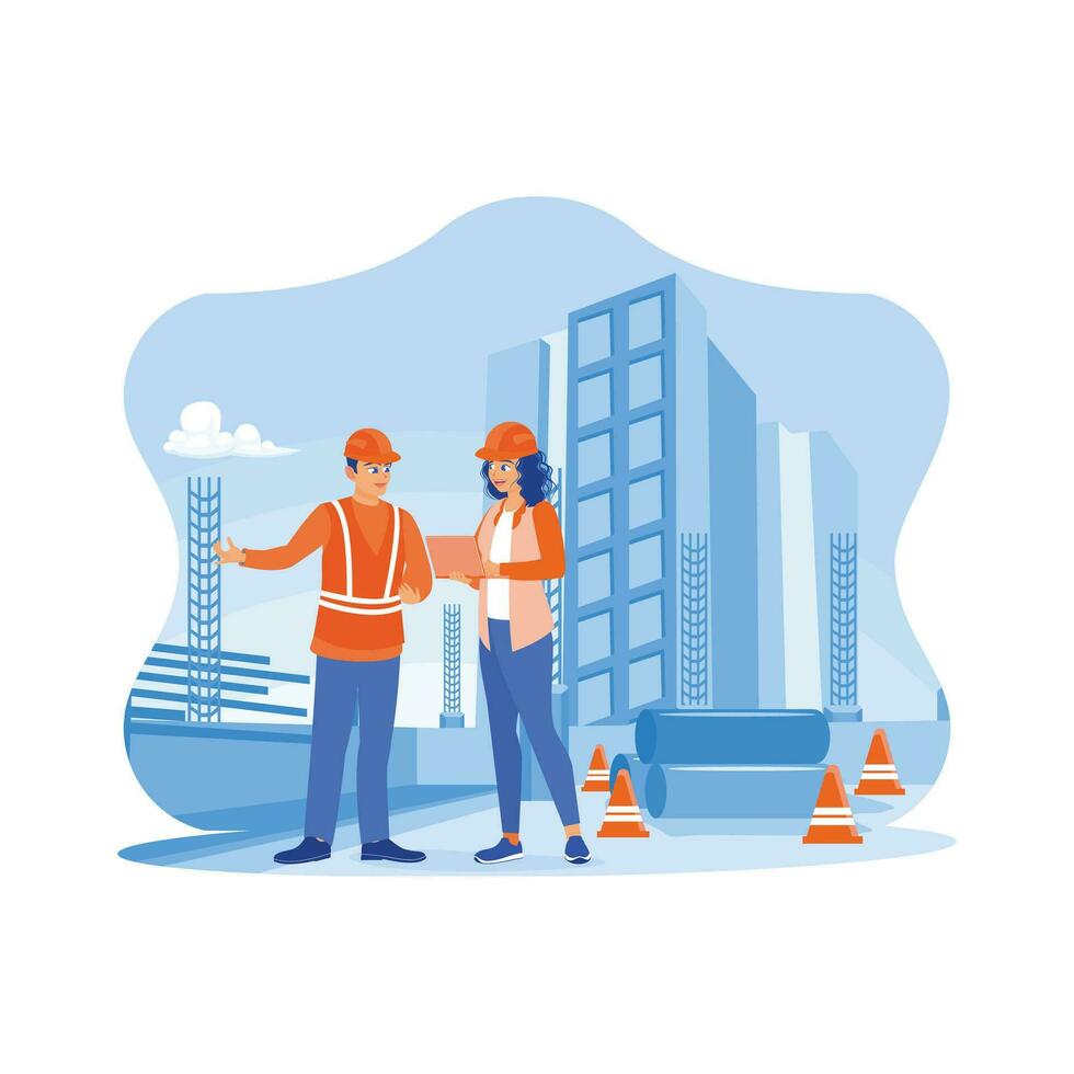 Construction engineers and architects are discussing at the construction site. Civil architect engineer inspecting and working on outdoor structure building site. Building construction sites concept. vector