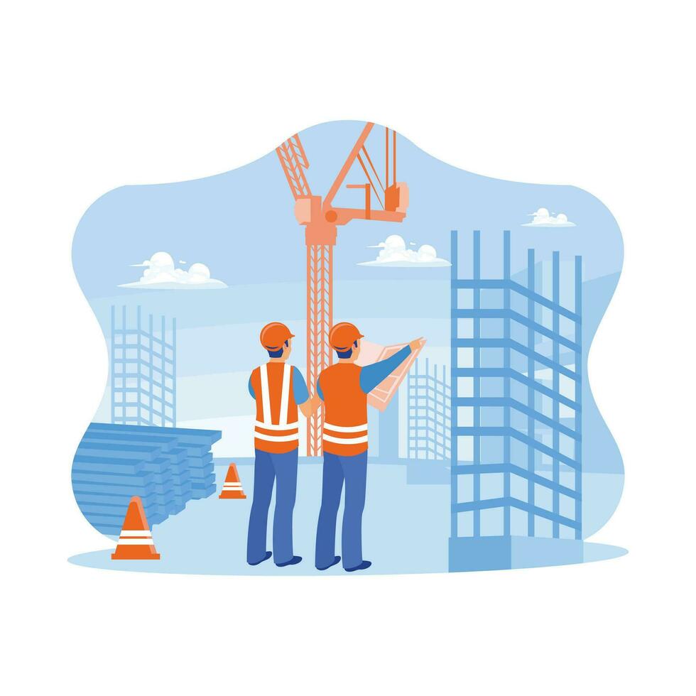 Civil architect engineer holding blueprint standing at the construction site. Inspect and work on building places of outdoor structures. Construction site engineer concept. vector