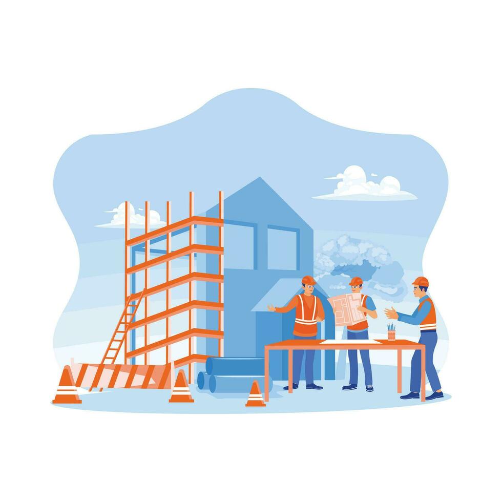 Three construction experts inspect the construction of a real estate project. Civil engineers, architects, business investors and general staff are discussing details of building plans. vector